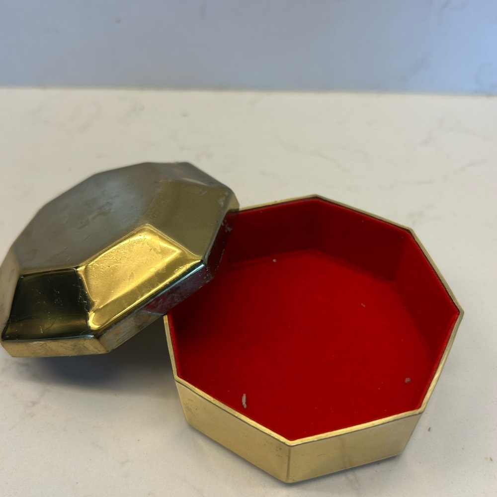 Vintage Velvet Lined Brass Octagonal Trinket Dish with Lid